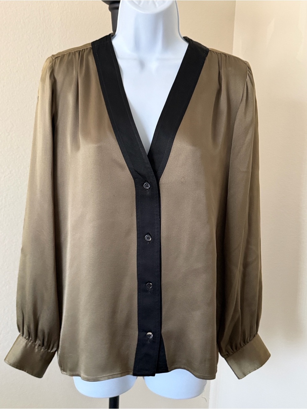 St Laurent Olive Green Button-Front Blouse with Black Trim